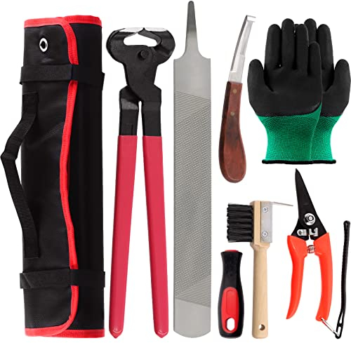 Swpeet 8Pcs Professionelle Hufschmied Werkzeuge Value Kit mit Roll Pack, Pferde Huf Trimmer Schere Werkzeuge, Hufschneider, Hufschmied Raspel Datei und Gummigriff, Huf Zange