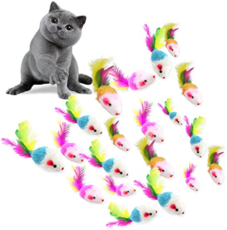 VIKSAUN 20 Stück Katzenspielzeug - Pelzige Kätzchen Maus Mit Rassel, Feder Schwänze Und Fänger - Buntes Haustier Spielzeug
