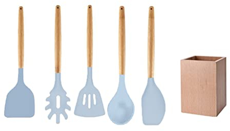 Fackelmann 30178 Set di 5 utensili da cucina, Set di cucchiai e spatole da cucina e supporto in legno, silicone, legno FSC, 32 cm