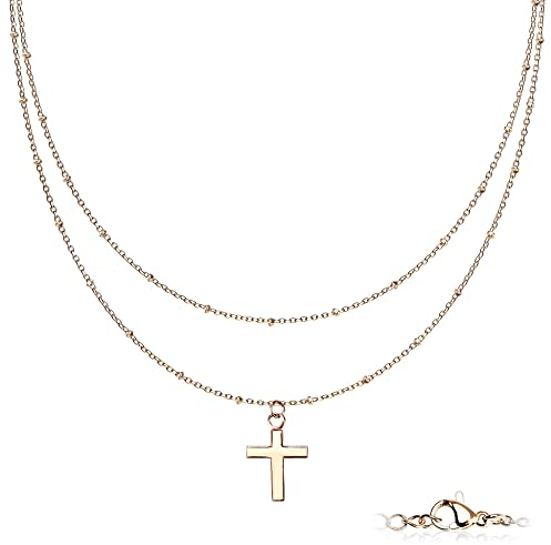 Treuheld® Mehrreihige Halskette mit Kreuz-Anhänger | 3 Farben [03.] - rosegold