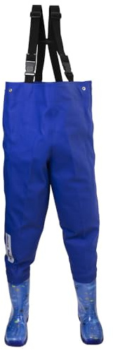 Dönges Kinder-Wathose, wasserdichte Regenhose für Jungs und Mädchen, ungefüttert mit Watstiefeln und Verstellbaren Hosenträgern, Größe 34/35 Blau, Outdoor Buddelhose für Regen, Matschhose