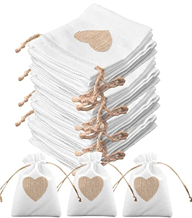 30 Stück Jutesäckchen LUNEKUCK Kleine Säckchen 10 x 14CM Baumwollbeutel mit Kordelzug Natur Säckchen Geschenksäckchen mit Herz Jutebeutel zum Befüllen Leinensäckchen für Schmuck DIY Hochzeit Party