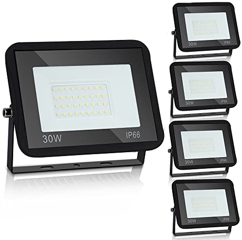 Ikodm Projecteur extérieur LED 5x 30W, projecteur d'éclairage extérieur blanc chaud 3000K, projecteur de construction étanche super lumineux 2250LM pour terrain de sport extérieur cour jardin garage