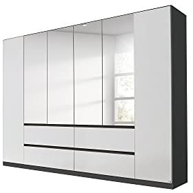 Rauch Möbel Mainz Schrank Kleiderschrank Drehtürenschrank Weiß/Grau metallic, Schwarz, 6-türig Spiegel, 4 Schubladen, Zubehörpaket Basic 4 Einlegeböden, 4 Kleiderstangen, grifflos BxHxT 271x210x54 cm