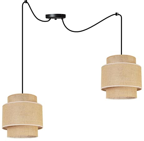 Light-Home Boho Hängelampe - Rattan Lampe - Deckenlampe für Wohnzimmer Schlafzimmer und Esszimmer - Pendelleuchte aus Metall mit Lampenschirm aus Stoff - E27-2-Flammig - Schwarz Basis und Jute