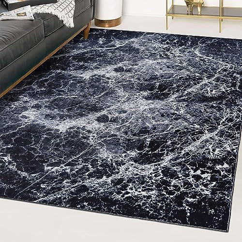 Mazovia Modern Teppich - Kurzflor Waschbar - Weich Teppich für Wohnzimmer, Schlafzimmer, Esszimmer – Teppiche Marmor Abstrakt Muster - Schwarz Grau 160 x 230 cm