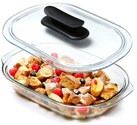 3 Liters Oval Glas Auflaufform mit Deckel (-Deckel NICHT Ofensicher), Einfaches Greifen Glasbräter mit Deckel und Griffe mit Griff