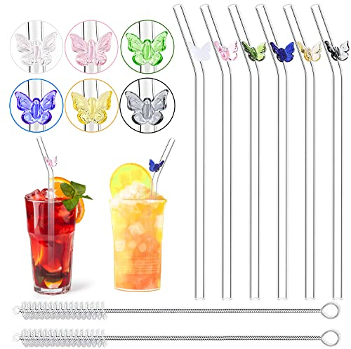 6 Pailles en Verre Réutilisables,Pailles Reutilisable avec 2Brosses Nettoyage,Paille Bubble Tea Transparent de 8mm avec Papillons Colorés pour Jus de Bubble Tea,Cocktails,Smoothies Et Boissons Chaudes