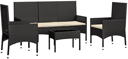 vidaXL Garten Lounge Set 4-TLG., Gartenmöbel Set mit Kissen, Sitzgruppe für Garten Terrasse, Loungemöbel Bank Stuhl Tisch, Schwarz Poly Rattan