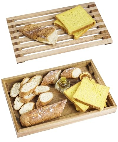 Wood Bread Cutting Board, Bread slicer,Crumb Tray with holder,Bread Serving Tray for Kitchen,Color combination design,Bread, Cake, Bagels, 9.53” Wide x 1.46Tall