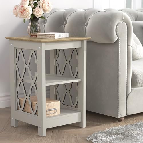 Galano Nova Side Table with Shelf – Space-Saving Bookshelf Cabinet in Light Grey & Oak – Modern Storage Unit for Hallway, Entryway, Living Room, or Bedroom