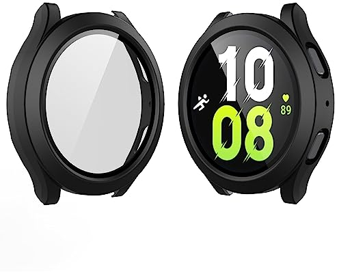YoLin 2-Stück Mit Glas Ultradünne Displayschutz Kompatibel mit Samsung Galaxy Watch 5 / Galaxy Watch 4 44mm, PC All-Around Schutzhülle für Samsung Galaxy Watch 4/5 44mm (2 Schwarz)