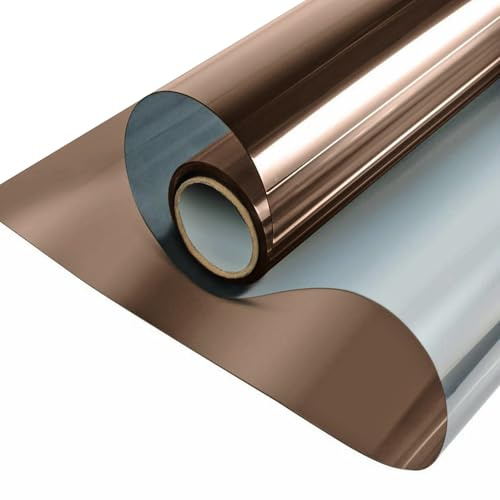 ConCus-T One Way Window Film Sun Blocker Anti Glare Blackout Glass Tint Mirror Effect Film Conservatory Roof Covering UV Solar Film Static Cling, Brown Silver, 60 x 400cm