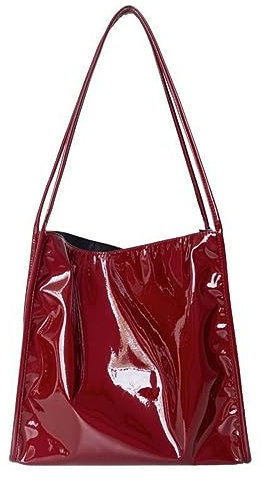Femminile Grande Capacità Signore Shopping Bag Pelle Vernice Donne Borse A Spalla Casual Tinta Unita Tote Borse, Vino rosso