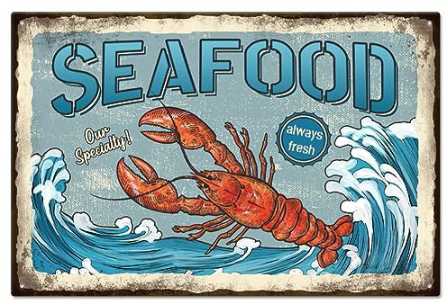 GLOBLELAND Vintage Lobster and Seafood Funny Word Metal Tin Sign For Garage Man Personalized Signs Garden Cave Signs Art Plaque Poster Wall Decor for Home Kitchen Bar Club 8×12inch