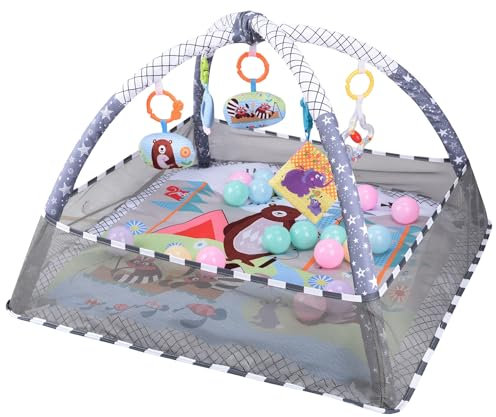 Bebamour Baby Spielmatten Bodenturngeräte von Geburt an, 18 Bälle, 5PCS Hängespielzeug, weiche Baby Play Activity Gym Spielmatten Bodenturngeräte für 0-24Monate(Grey)