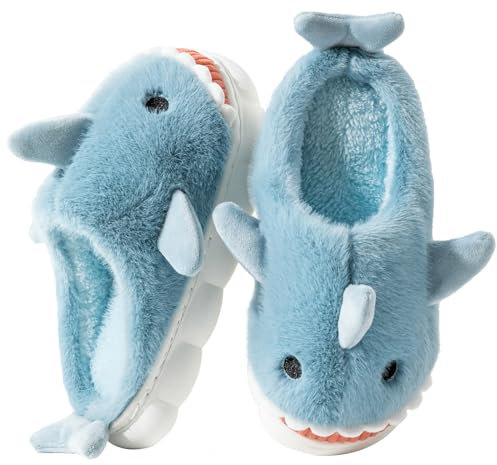 Fadezar Hausschuhe Damen Shark/Cow Winter Plüsch Pantoffeln Herren Flauschige Warme Hausschuhe Bequeme rutschfeste Flache Slippers Himmelblau EU 43-44 (Sohlengröße 44-45)