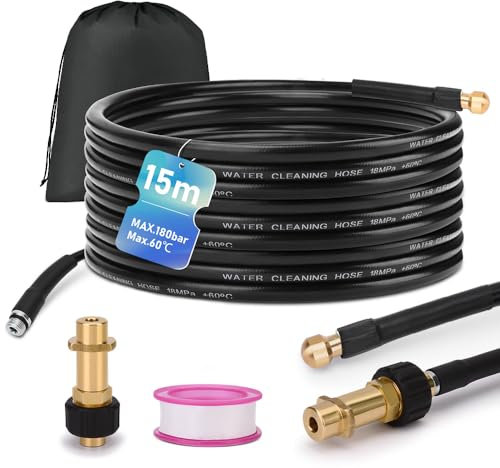 15m Rohrreinigungsschlauch Set, 180 bar, inkl. Tasche mit M22 Adapter, universal Rohrreinigungsset, kompatibel mit K2 K3 K4 K5 K6 K7 Hochdruckreiniger, 4 nach hinten gerichtete Hochdruckstrahlen