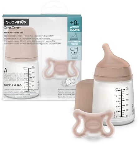 Suavinex, Biberón Anticólico + Chupete Zero Zero. Biberón de 180 ml con Tetina de Flujo Adaptable (A) y Chupete Recién Nacidos Talla -2/2 Meses. Apto Prematuros, Respeta la Lactancia Materna, Medium