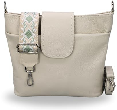 BRISE Umhängetasche Damen Echtes Leder ELLIE Handgemachte Crossbody Bag mit Ledergurt + Optionalen Breiten Gemusterten Riemen 6 Fächer Wasserdichte Schultertasche Made in Italy (Beige - 2)