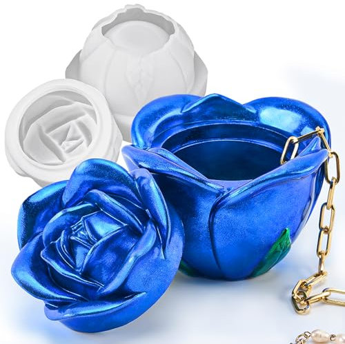 Epoxy Resin Storage Box Silicone Molds Rose Shape Candle Jar with Lid Concrete Mould Cement Jesmonite Planter Candle Vessels Candlestick Craft Gift Mold Resin Jewelry Container Flowerpot Casting Mould