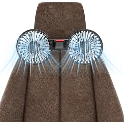 Electric Car Backseat Fans, Dual Head Car Seat Cooling Air Circulator Fans Head 120° Rotating 3 Speeds & Base 360° Adjustable Rear Seat Electric USB Fan for Most 12V/24V Cars