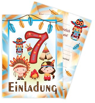 Limonia 12 Einladungskarten zum 7. Kindergeburtstag Motto Feier Fest Einladung Set Geburtstag Mädchen Kinder Jungs Jungen Boys Teenies Unisex Indianer Indianerdorf Tipi Powwow Traumfänger
