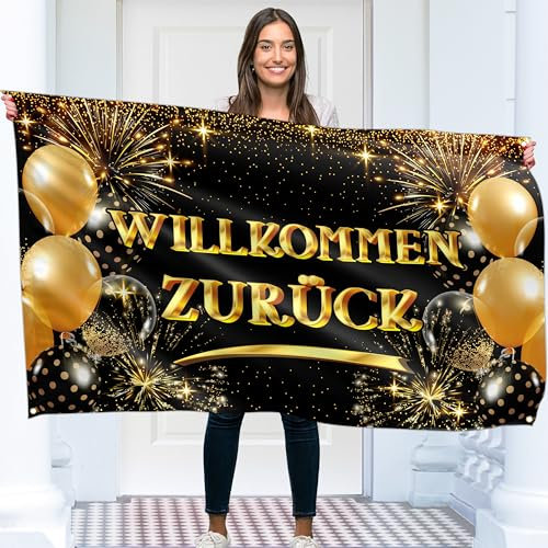 Willkommen Zurück Banner 150 x 90 cm - Herzlich Girlande - Zuhause Deko - Lebendiger Digitaldruck - 110 Den Polyester - Doppelnaht (Schwarz & Gold)