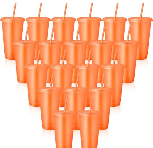 ASMIZ 24 Pcs Orange Reusable Plastic Cups with Lids and Straws, 24 oz Plastic Glitter Cold Drinks Tumbler Bulk, Coloured Iced Coffee Cup Travel Mug for Smoothie, Juices, Birthdays, Flamingo Party