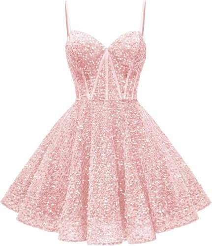 HPPEE Abiti da ritorno a casa con paillettes scintillanti abito da ballo corto abito da cocktail corsetto linea, Rosa cipria, 60 Più