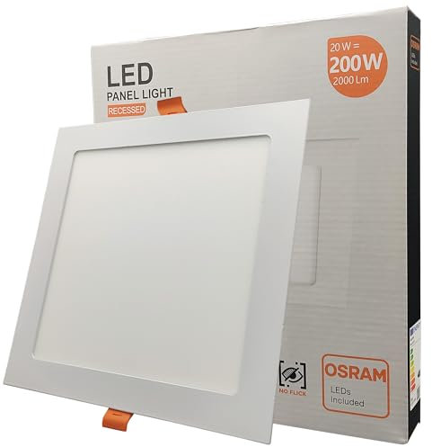 FactorLED Downlight LED 20W Slim, Ø225x45mm, Placa Cuadrada Empotrable, Panel Cuadrado Extraplano 2000 lúmenes, Corte techo Ø205x205mm, Luz Cálida 3000K