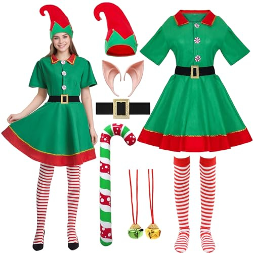 HarnyLoom Weihnachtself Kostüm Damen Kinder Erwachsen, Weihnachten Kostüm Männer Elfenkostüm Wichtel Elfen Outfits Elfenohren Elfenhut Glocke Weihnachten Party Cosplay (Erwachsenes Weibchen, M)