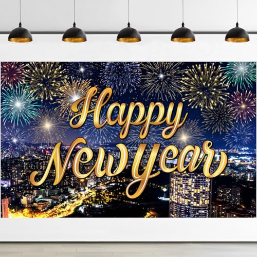 2025 Happy New Year Banner 180 x 110cm, XXL Neujahrs Hintergrund Banner Bunt, Silvester Banner 2025, für Silvester Deko 2025