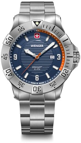 WENGER Herren Armbanduhr Seaforce, Ø 43 mm, Swiss Made, Analog Quarz, Wasserdicht bis 200 m, Edelstahl-Armband, Blau/Silber, 01.0641.141