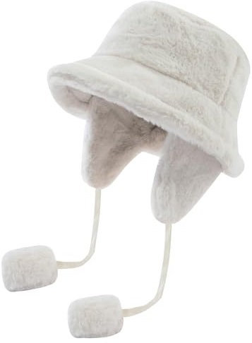 CLAPE Warm Winter Fischerhut mit Ohrenklappen Breite Krempe Kunstfell Eimer Hut Plüsch Bucket Hat für Damen Herren Winddicht Anglerhut