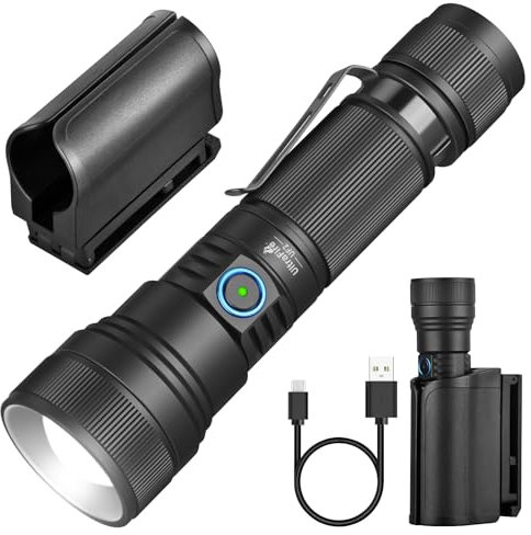 ULTRAFIRE Rechargeable Tactical Torch with Holster, 1500 Lumens Zoomable LED Torch with Duty Belt Holder, 5 Modes Police Torch for Law Enforcement, Security, Patrols, UF2