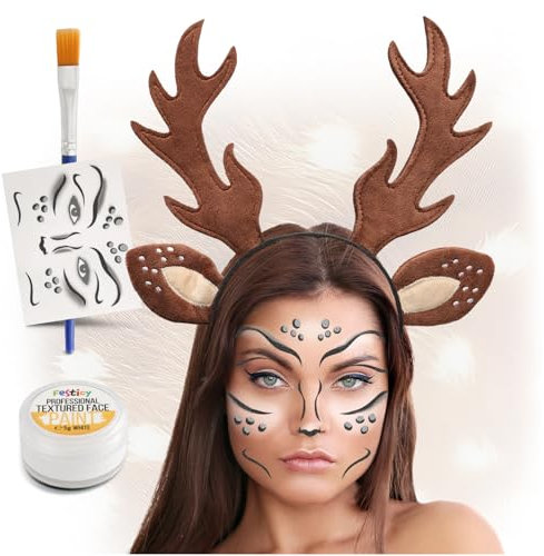 Festicy Reh Haarreif Damen Edition 2025 mit Gesichtstattoo, Schminke Weiß, Rentier haarreif für Karneval Fasching Reh Kostüm Damen und Kinder, Reh Geweih Haarreif Karneval Zubehör für Kostüm
