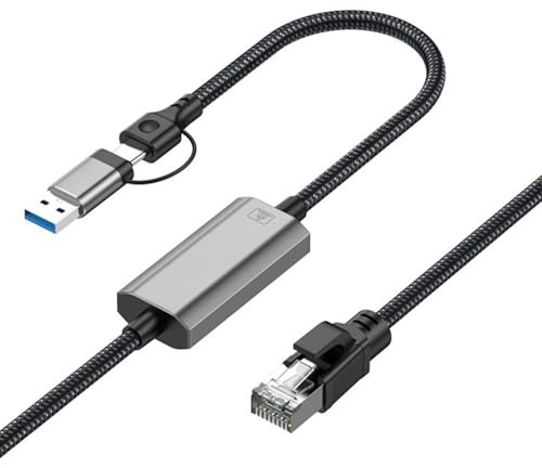 Leehitech 1,2 m Gigabit-USB-C/USB-A-auf-Ethernet-Adapterkabel, 1000 m, 2-in-1 Typ C/USB A auf RJ45 LAN-Netzwerk-Konvertierungskabel, keine Verzögerung für iPhone 16/15 Serie, iPad, MacBook, PC, Laptop