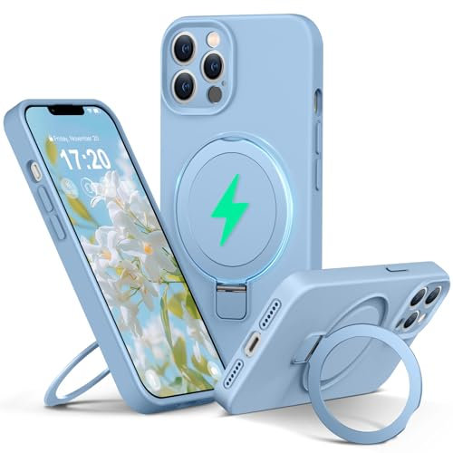 PuyaTeya Liquid Silicone Case for iPhone 13 pro max with Magnetic Ring Stand, Upgraded camera lens protection, Mil-Grade Drop Shockproof, Anti-Scratch Microfiber Lining Silicone Case(Azure Blue)