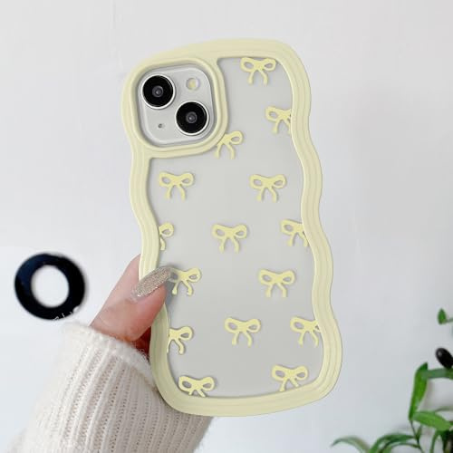 QLTYPRI Bow Case for iPhone 14 Plus/iPhone 15 Plus, Clear Cute Ribbon Bow Phone Case Curly Wavy Aesthetic Phone Case, Slim Soft Transparent Shockproof Protective Cover for Women Girls - Yellow