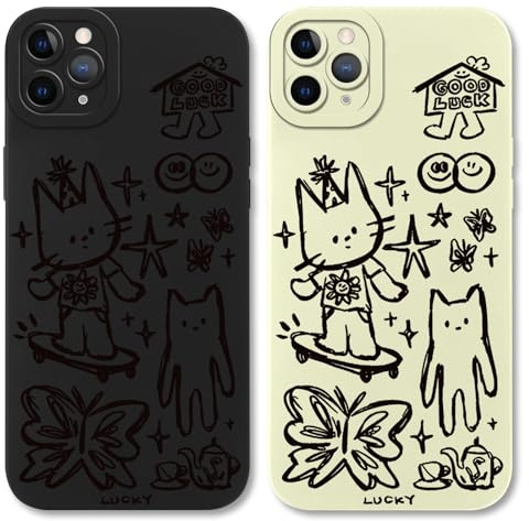 Phoona 2 Stück Handyhülle für iPhone 11 Pro Hülle 5,8'', Aesthetic Muster Design Weiche TPU Ultra Dünn Silikon Schutzhülle Kratzfeste Stoßfest Kameraschutz Bumper Case für Mädchen, Schwarz Weiß-Katze