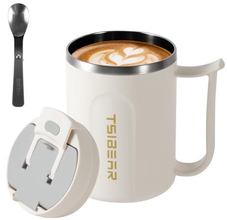 OITUGG 500ml Desk Mug, Thermal Mug with Stainless Steel Inner, Coffee Cup with Handle and Stainless Steel Spoon, Double Walled Designed, Keep up to 2 Hours, Size 4.33 x 3.15 Inch, White