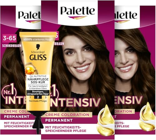 Palette Intensiv Creme Coloration 3-65/750 Schokobraun (3x 115 ml), permanente Haarfarbe für leuchtende, langanhaltende Farbbrillanz & SOS-Intensiv-Kur Oil Nutritive (15 ml) Haarkur