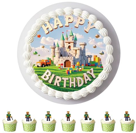 Anemowind 11 pcs Edible Cake Toppers-Building block Birthday Cake Decorations, Rice Paper Cupcake Decos for Building block Party, Kids Birthday Cake Decor