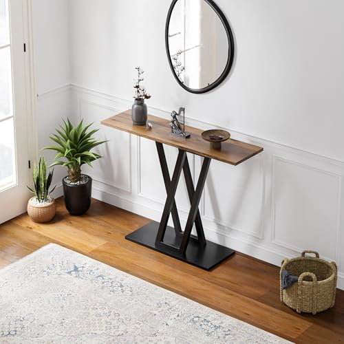 [en.casa] Table Console avec Plateau Étroit Table d'Entrée Design Industriel Élégant Stable pour Salon Couloir Foyer Acier Panneau de Particules 110 x 30 x 80 cm Noir Effet Noyer