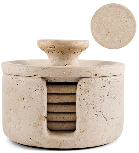 Earthen Crafts Travertin Lot de 6 Dessous de Verre en marbre avec Couvercle de Support pour Boissons, 8,9 cm, idéal pour terrasse, Salon et décoration de Cuisine
