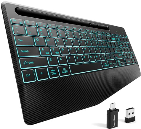 Hamile Wireless Keyboard and Mouse Combo - Quiet Ergonomic Keyboard with Wrist Rest, 8 Backlit Effects, 2.4G&Bluetooth, Slim Rechargeable Mouse and Keyboard with Holder for Windows, Mac, Black