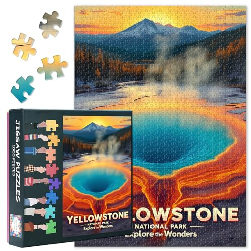 1000 Teile Puzzle Premium Yellowstone Nationalpark USA Landschaft Retro Reiseplakat Sammler Puzzle für Freunde Familie Geschenkidee Gegen Einsamkeit Hochwertiges Wanddeko 70x50 cm
