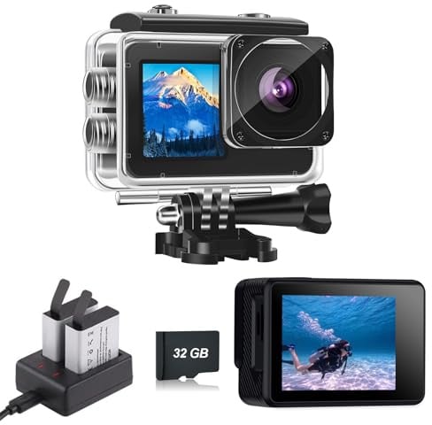 Xilecam Dual Screen Action Cam 1080P 32 GB Karte wasserdichte Kamera wasserdichte Unterwasserkamera mit 2 x 1050 mAh Akku (Schwarz)
