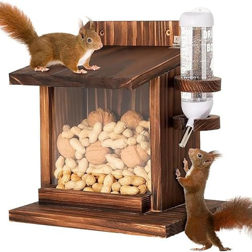 Eichhörnchenhäuser for draußen | mit Wasserflasche – Futterhaus aus Holz zur Wandmontage for Vogelfutter, Nüsse, Maiskolben, Gartenbaum